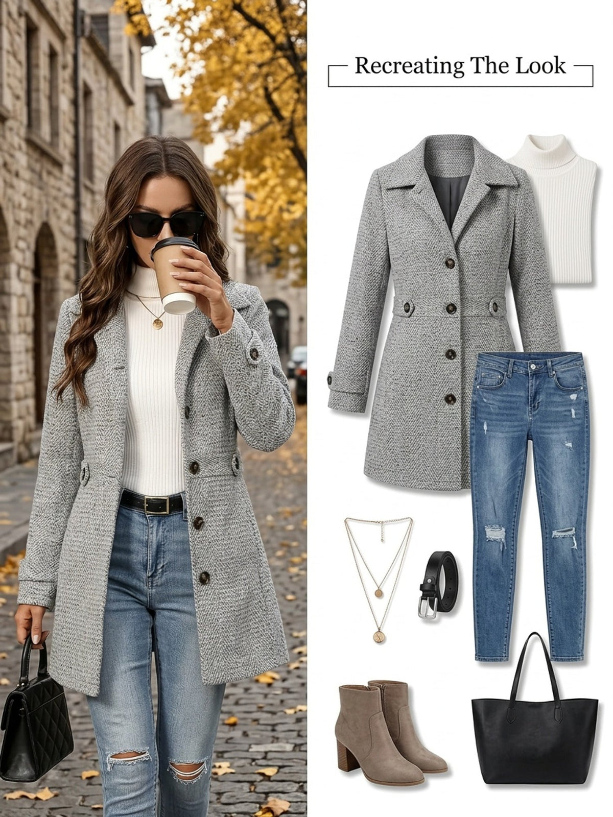 Herringbone Tweed Coat Grey Women's Lapel Button-Front – Casual, Office, Winter, Everyday Wear