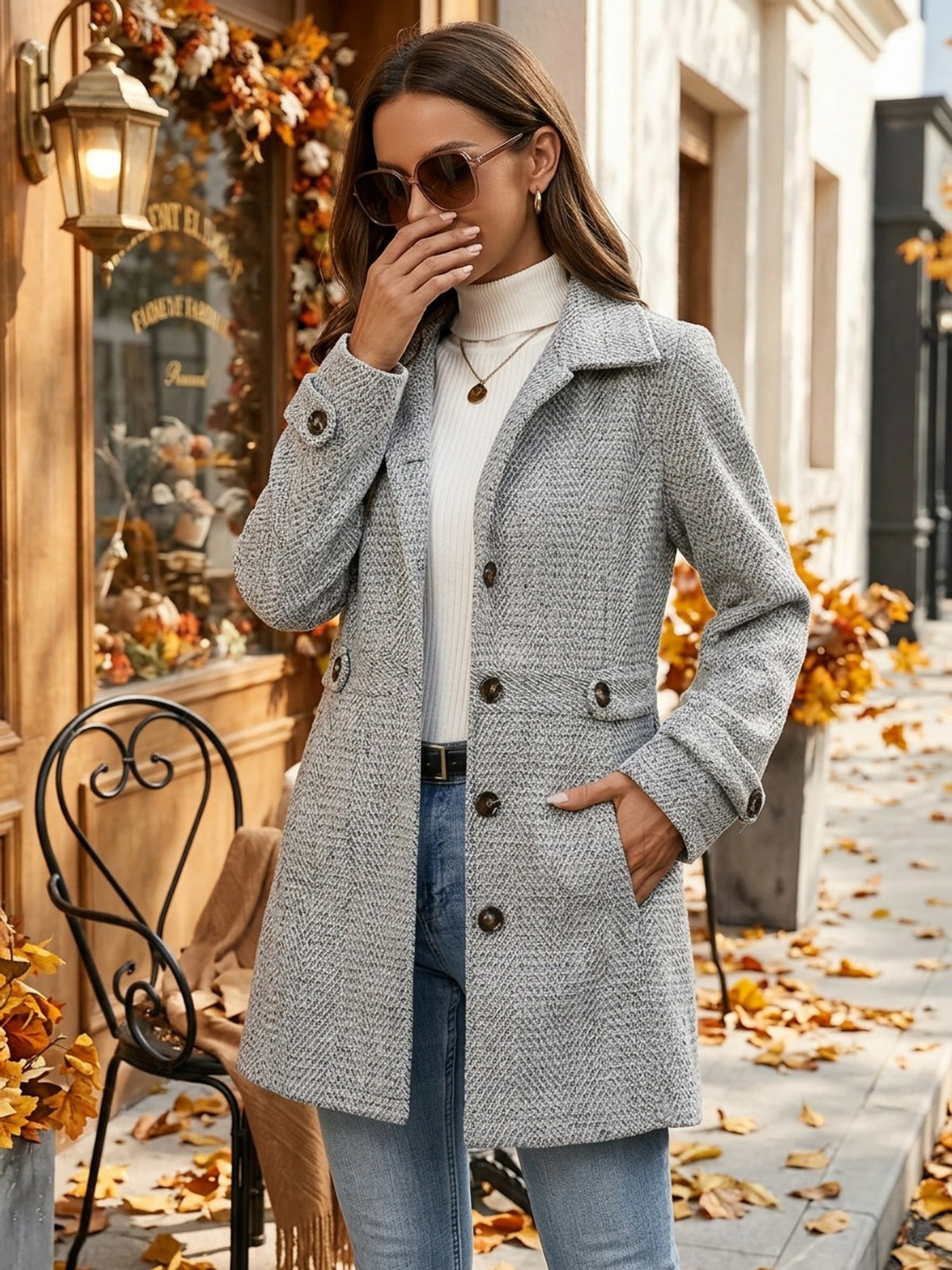 Herringbone Tweed Coat Grey Women's Lapel Button-Front – Casual, Office, Winter, Everyday Wear