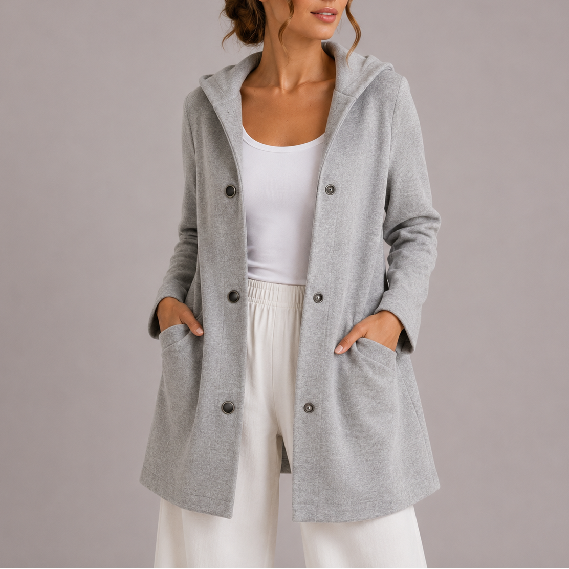 Hooded Cardigan Fleece Women's Red Snap-Button Coat with Pockets – Casual, Office, Holiday, Gift