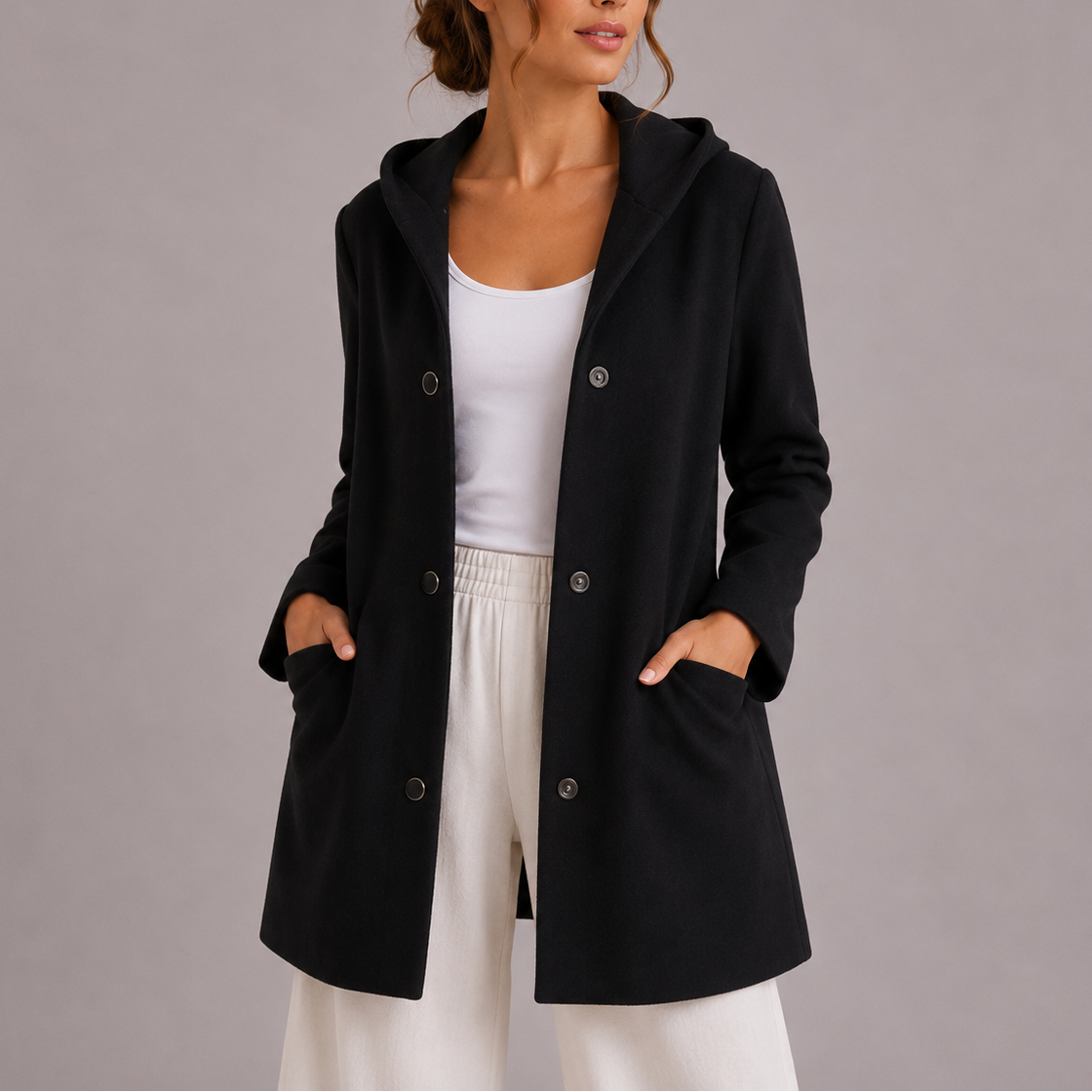 Hooded Cardigan Fleece Women's Red Snap-Button Coat with Pockets – Casual, Office, Holiday, Gift