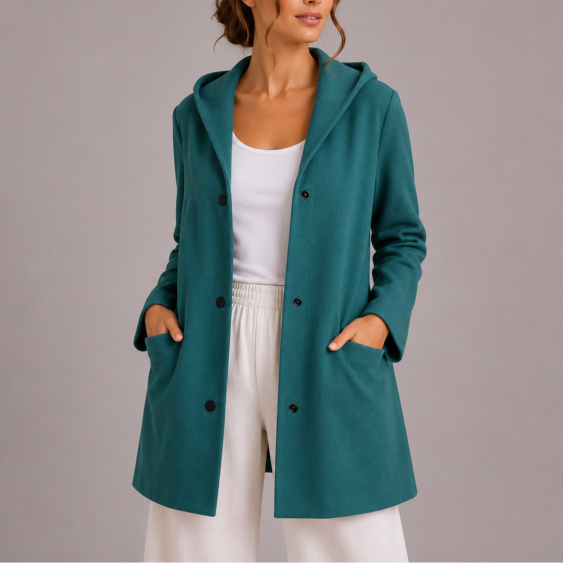 Hooded Cardigan Fleece Women's Red Snap-Button Coat with Pockets – Casual, Office, Holiday, Gift