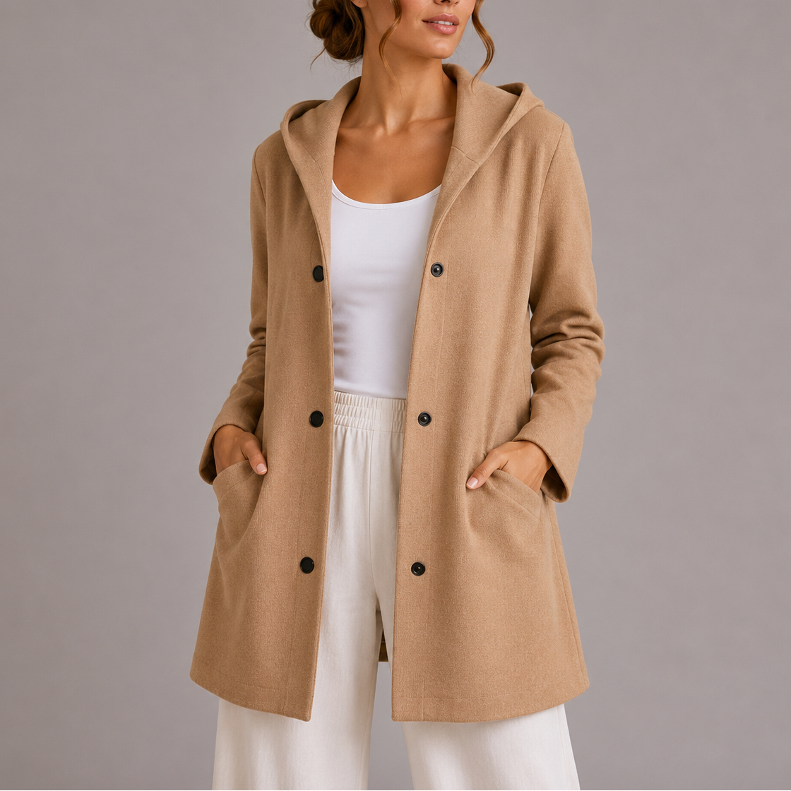 Hooded Cardigan Fleece Women's Red Snap-Button Coat with Pockets – Casual, Office, Holiday, Gift