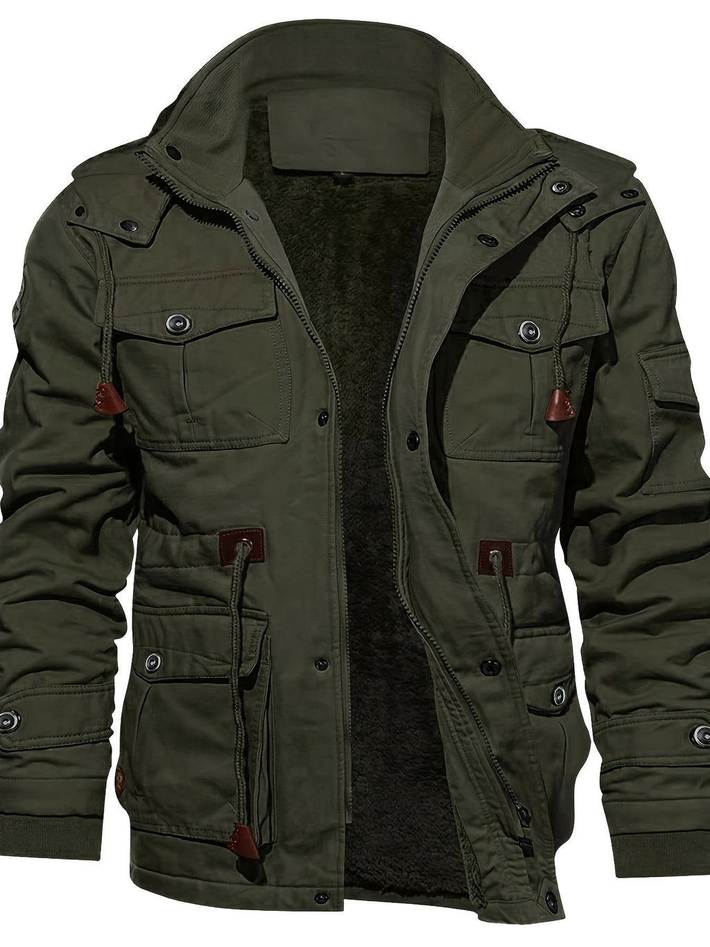 Hooded Cargo Jacket Fleece-Lined Cotton Green Men's Mid-Length – Casual, Winter Outdoor Everyday Wear