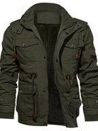 Hooded Cargo Jacket Fleece-Lined Cotton Green Men's Mid-Length – Casual, Winter Outdoor Everyday Wear