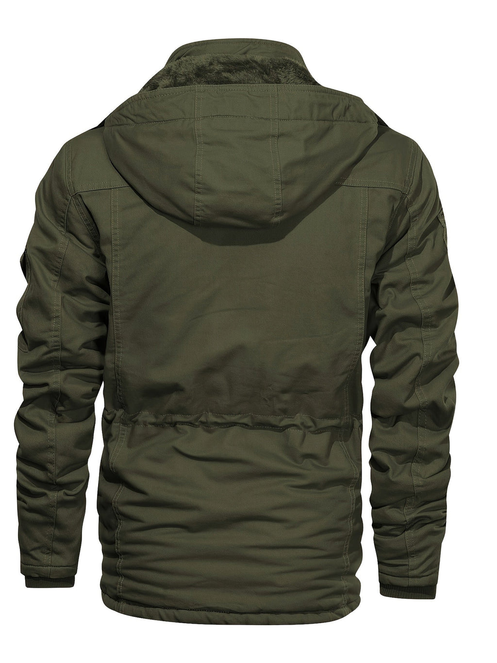 Hooded Cargo Jacket Fleece-Lined Cotton Green Men's Mid-Length – Casual, Winter Outdoor Everyday Wear
