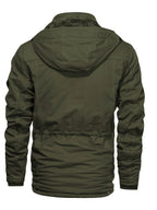 Hooded Cargo Jacket Fleece-Lined Cotton Green Men's Mid-Length – Casual, Winter Outdoor Everyday Wear