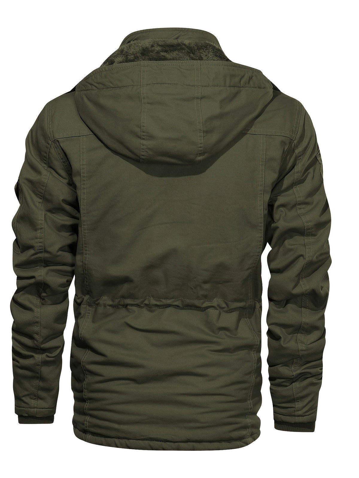 Hooded Cargo Jacket Fleece-Lined Cotton Green Men's Mid-Length – Casual, Winter Outdoor Everyday Wear