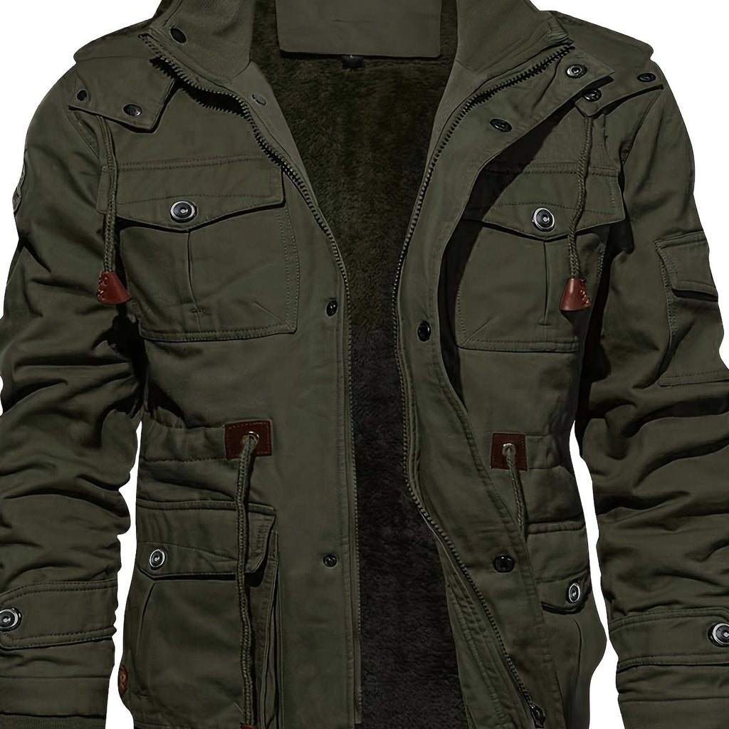 Hooded Cargo Jacket Fleece-Lined Cotton Green Men's Mid-Length – Casual, Winter Outdoor Everyday Wear