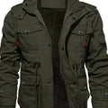 Hooded Cargo Jacket Fleece-Lined Cotton Green Men's Mid-Length – Casual, Winter Outdoor Everyday Wear