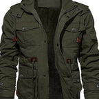 Hooded Cargo Jacket Fleece-Lined Cotton Green Men's Mid-Length – Casual, Winter Outdoor Everyday Wear