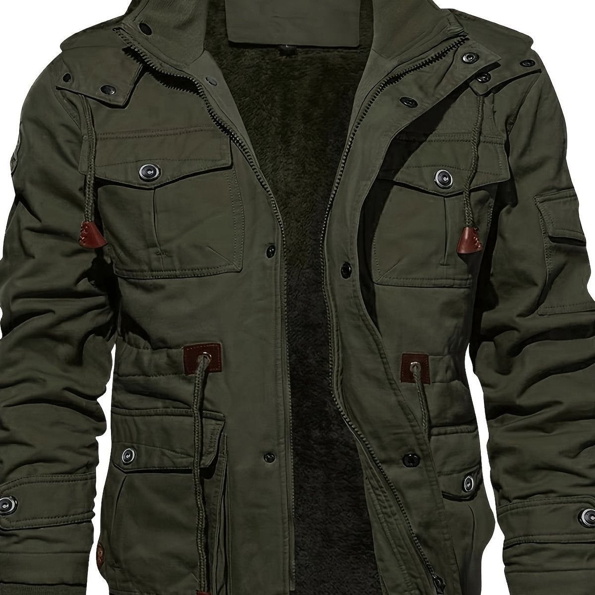 Hooded Cargo Jacket Fleece-Lined Cotton Green Men's Mid-Length – Casual, Winter Outdoor Everyday Wear