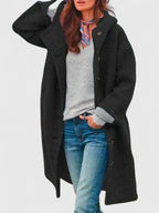 Hooded Coat Fleece Pink Women's Long Button-Up Jacket – Casual, Winter Outerwear, Gift