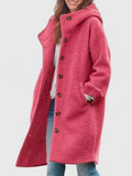 Hooded Coat Fleece Pink Women's Long Button-Up Jacket – Casual, Winter Outerwear, Gift
