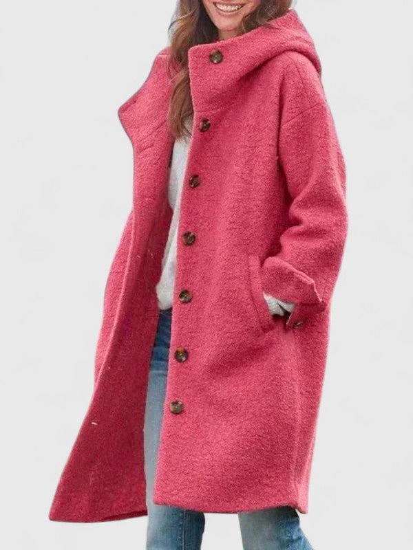 Hooded Coat Fleece Pink Women's Long Button-Up Jacket – Casual, Winter Outerwear, Gift