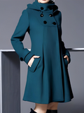 Hooded Coat Teal Women's Double-Breasted Funnel Neck – Casual, Office, Winter Outerwear