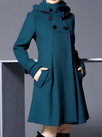 Hooded Coat Teal Women's Double-Breasted Funnel Neck – Casual, Office, Winter Outerwear