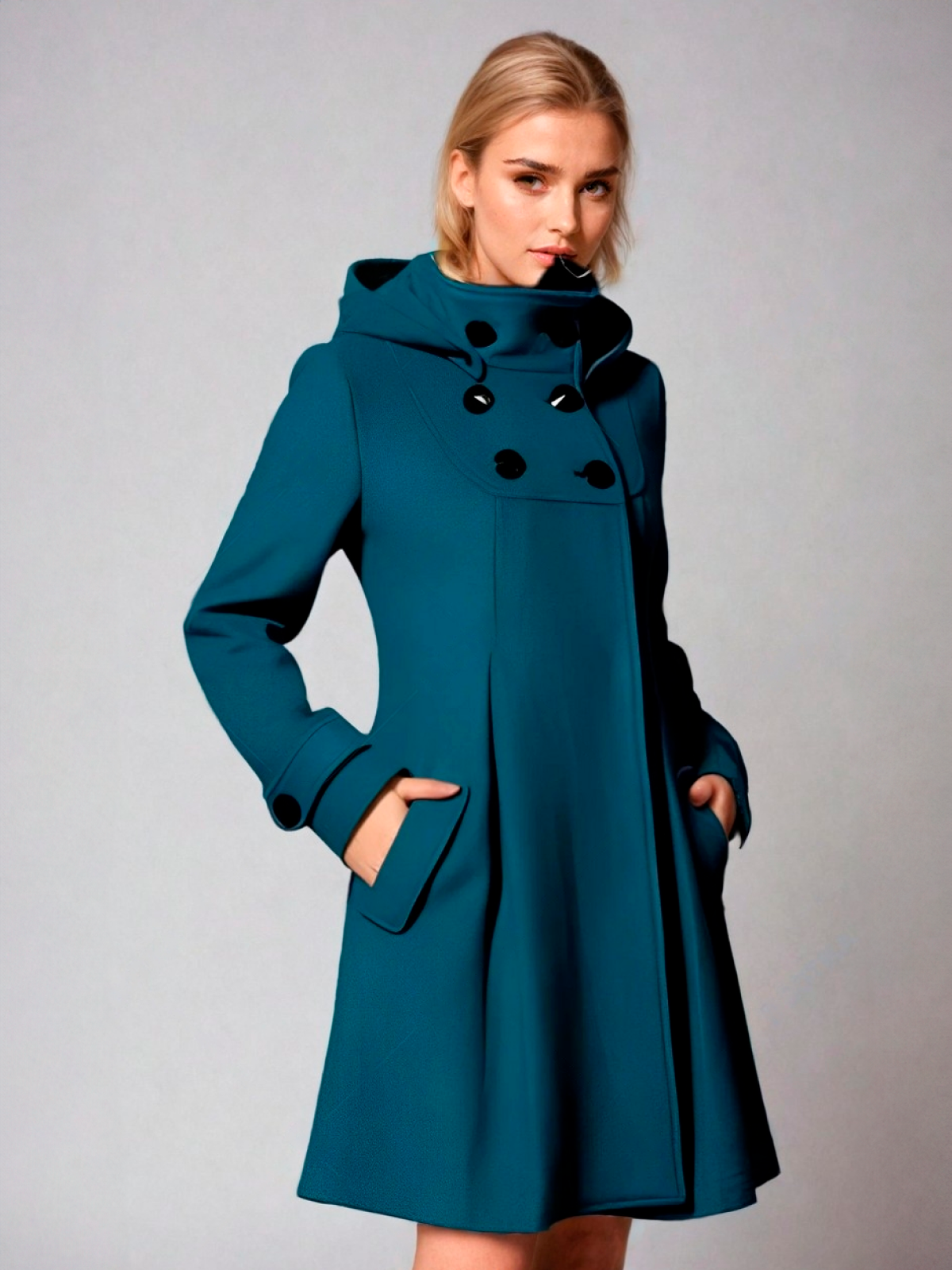 Hooded Coat Teal Women's Double-Breasted Funnel Neck – Casual, Office, Winter Outerwear