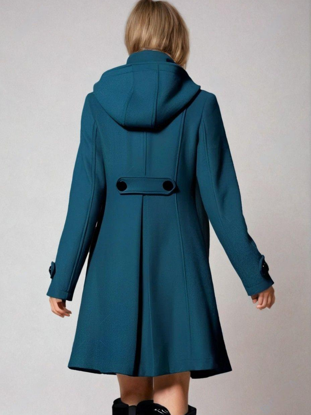 Hooded Coat Teal Women's Double-Breasted Funnel Neck – Casual, Office, Winter Outerwear