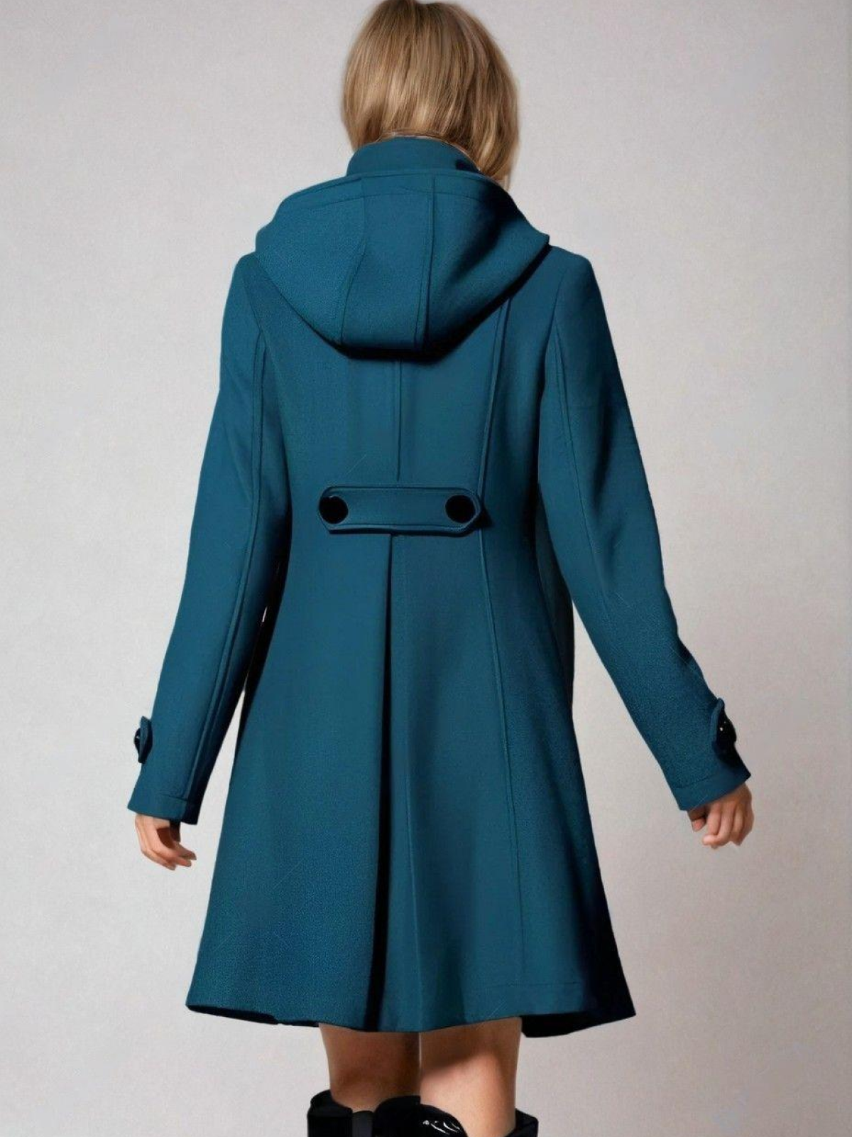 Hooded Coat Teal Women's Double-Breasted Funnel Neck – Casual, Office, Winter Outerwear