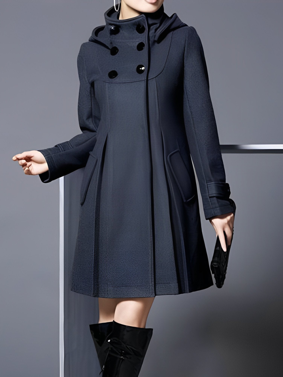 Hooded Coat Teal Women's Double-Breasted Funnel Neck – Casual, Office, Winter Outerwear