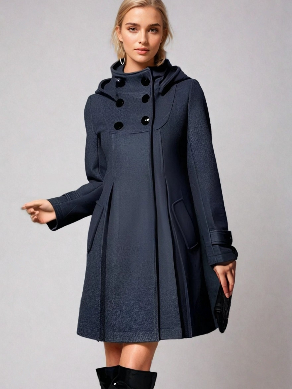 Hooded Coat Teal Women's Double-Breasted Funnel Neck – Casual, Office, Winter Outerwear