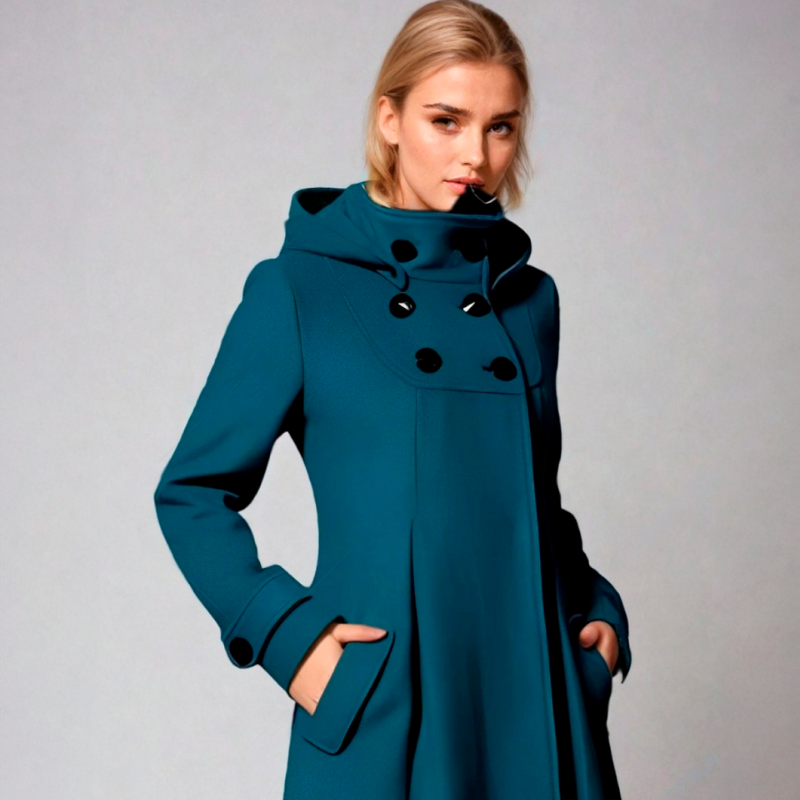 Hooded Coat Teal Women's Double-Breasted Funnel Neck – Casual, Office, Winter Outerwear
