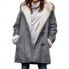 Hooded Duffle Coat Women's Fleece-Lined Grey Long Winter Jacket – Casual, Outdoor, Gift