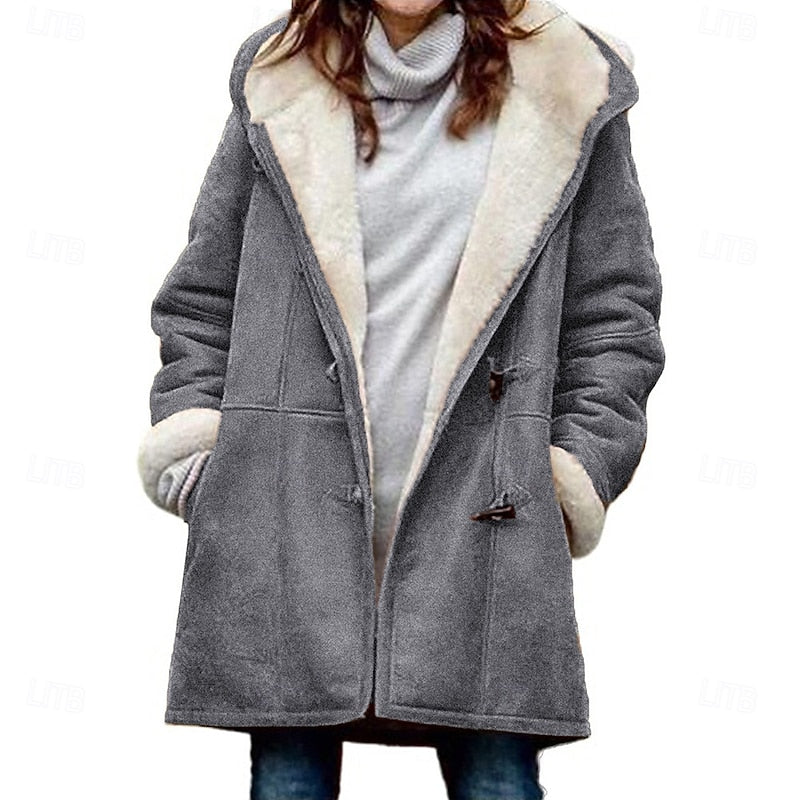 Hooded Duffle Coat Women's Fleece-Lined Grey Long Winter Jacket – Casual, Outdoor, Gift
