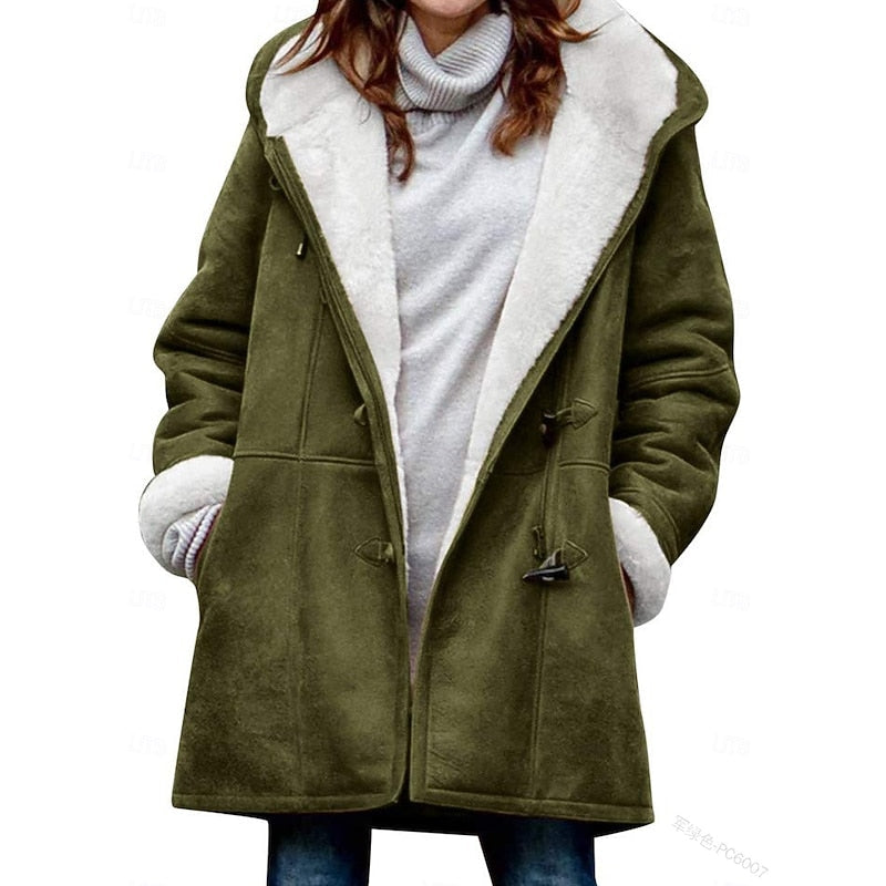 Hooded Duffle Coat Women's Fleece-Lined Grey Long Winter Jacket – Casual, Outdoor, Gift