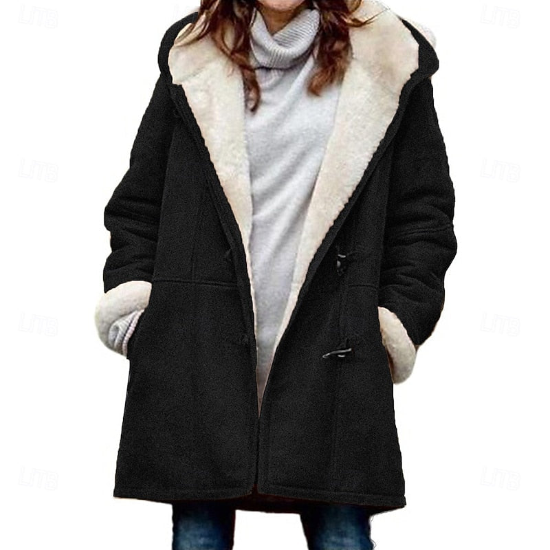 Hooded Duffle Coat Women's Fleece-Lined Grey Long Winter Jacket – Casual, Outdoor, Gift
