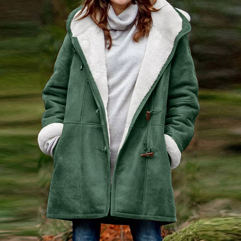 Hooded Duffle Coat Women's Fleece-Lined Grey Long Winter Jacket – Casual, Outdoor, Gift