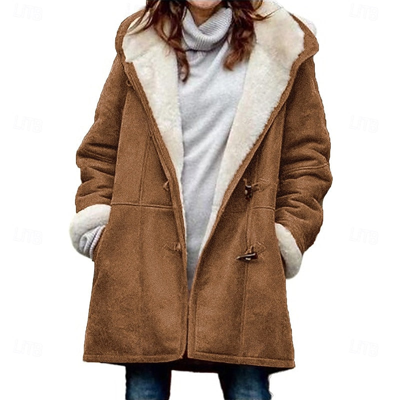 Hooded Duffle Coat Women's Fleece-Lined Grey Long Winter Jacket – Casual, Outdoor, Gift