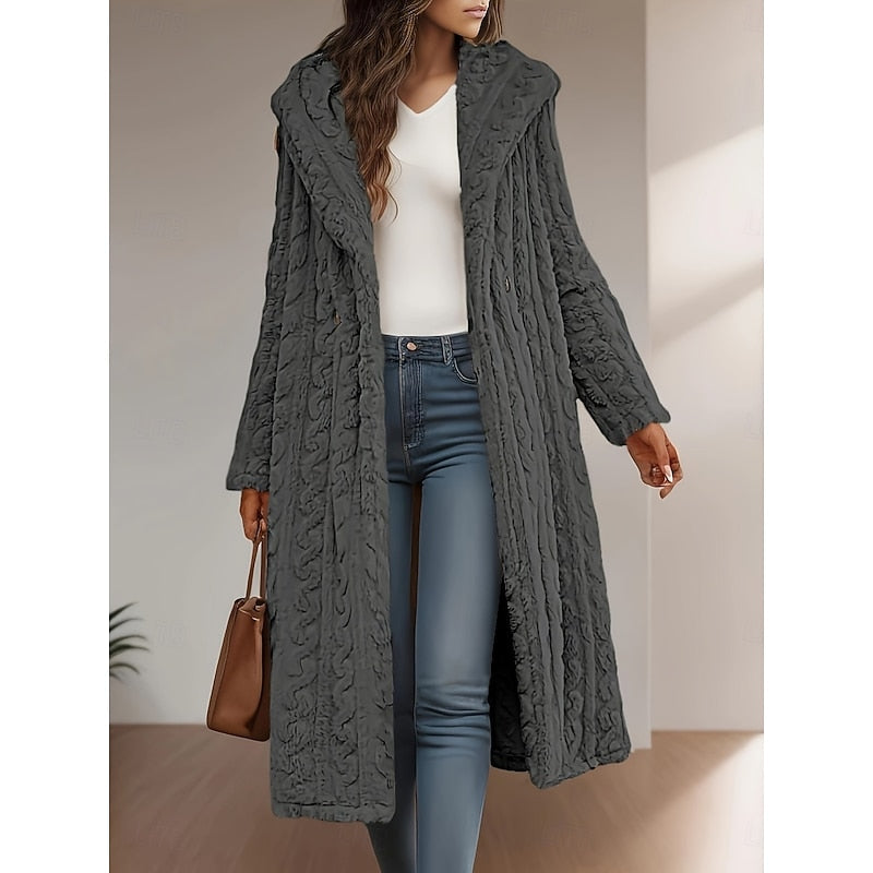 Hooded Faux Fur Coat Longline Textured Grey Women's – Casual, Winter, Holiday, Gift