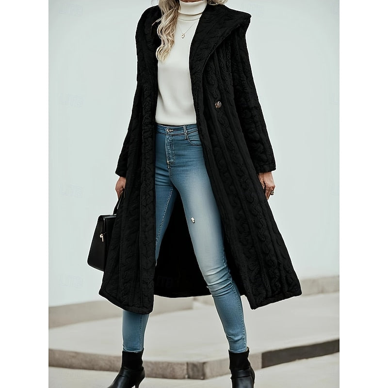 Hooded Faux Fur Coat Longline Textured Grey Women's – Casual, Winter, Holiday, Gift