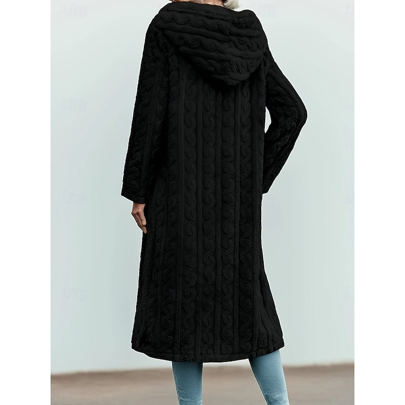 Hooded Faux Fur Coat Longline Textured Grey Women's – Casual, Winter, Holiday, Gift