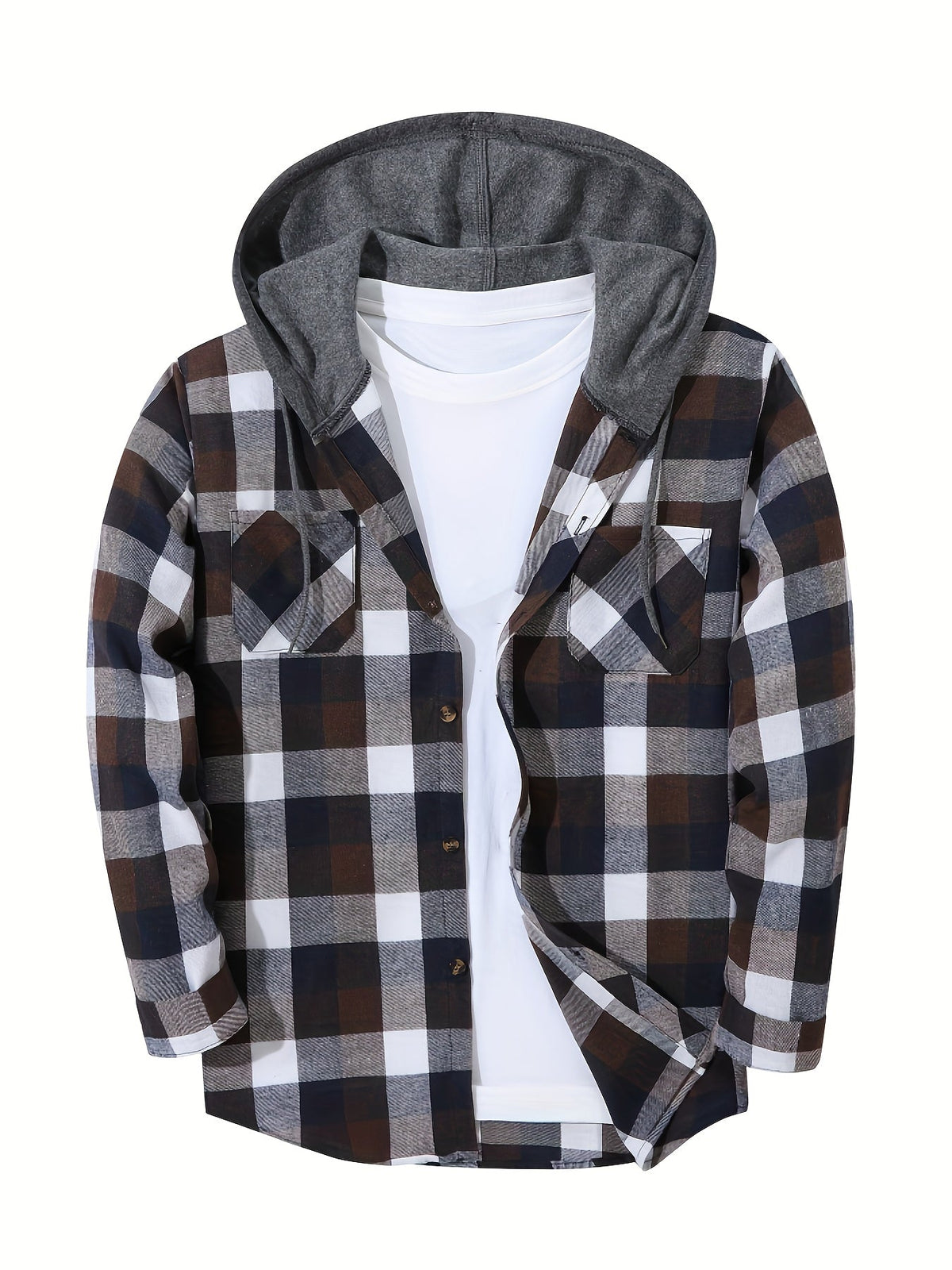 Hooded Flannel Shirt Cotton Plaid Men's Long Sleeve Button Up Jacket – Casual, Everyday