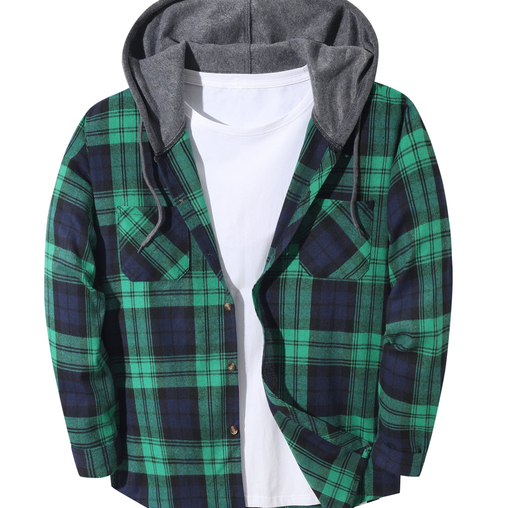 Hooded Flannel Shirt Cotton Plaid Men's Long Sleeve Button Up Jacket – Casual, Everyday