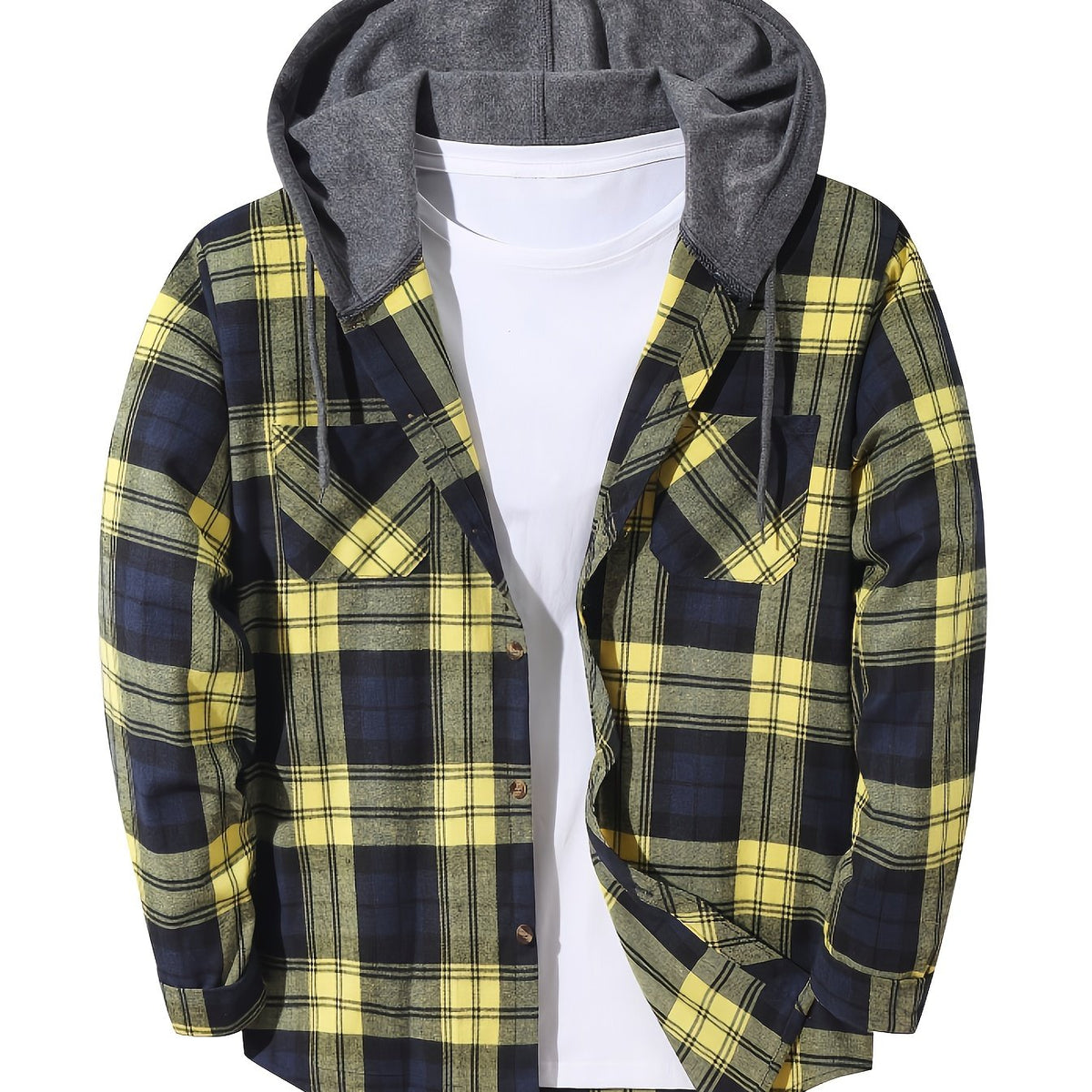 Hooded Flannel Shirt Cotton Plaid Men's Long Sleeve Button Up Jacket – Casual, Everyday