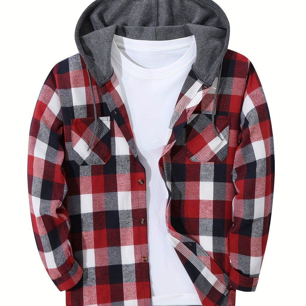 Hooded Flannel Shirt Cotton Plaid Men's Long Sleeve Button Up Jacket – Casual, Everyday