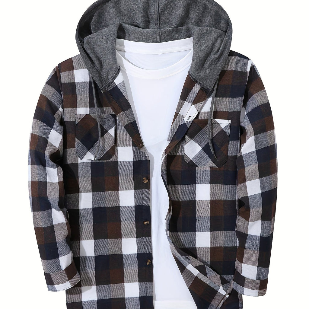 Hooded Flannel Shirt Cotton Plaid Men's Long Sleeve Button Up Jacket – Casual, Everyday