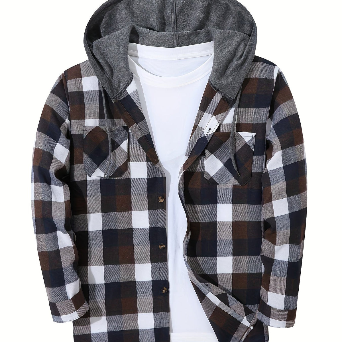 Hooded Flannel Shirt Cotton Plaid Men's Long Sleeve Button Up Jacket – Casual, Everyday