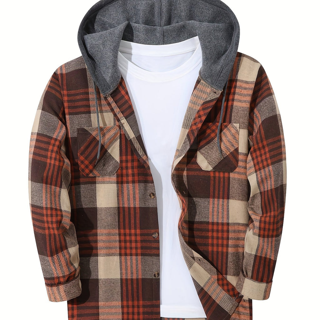 Hooded Flannel Shirt Cotton Plaid Men's Long Sleeve Button Up Jacket – Casual, Everyday