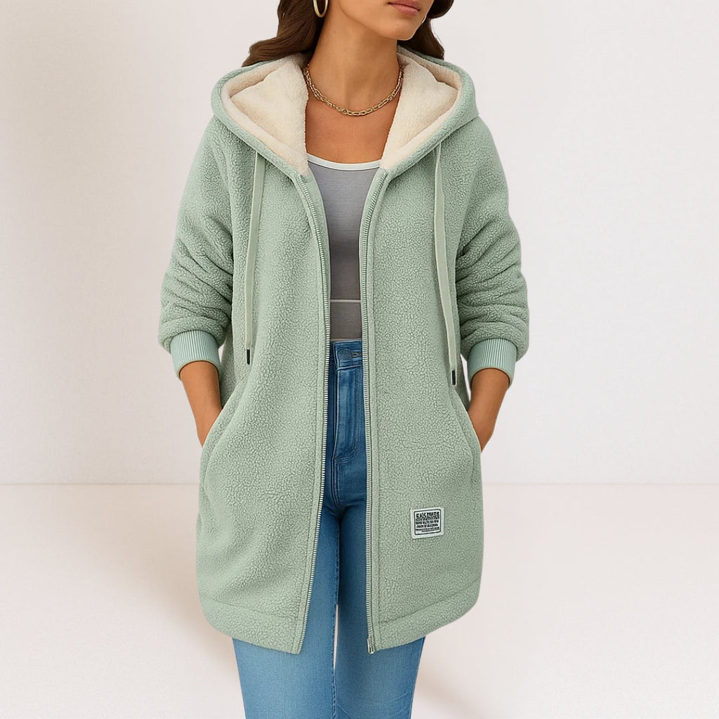 Hooded Fleece Coat Sherpa-Lined Longline Blue Women's – Casual, Winter Warm Outerwear