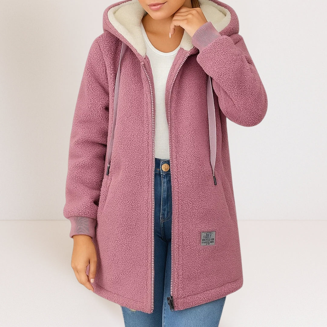 Hooded Fleece Coat Sherpa-Lined Longline Blue Women's – Casual, Winter Warm Outerwear