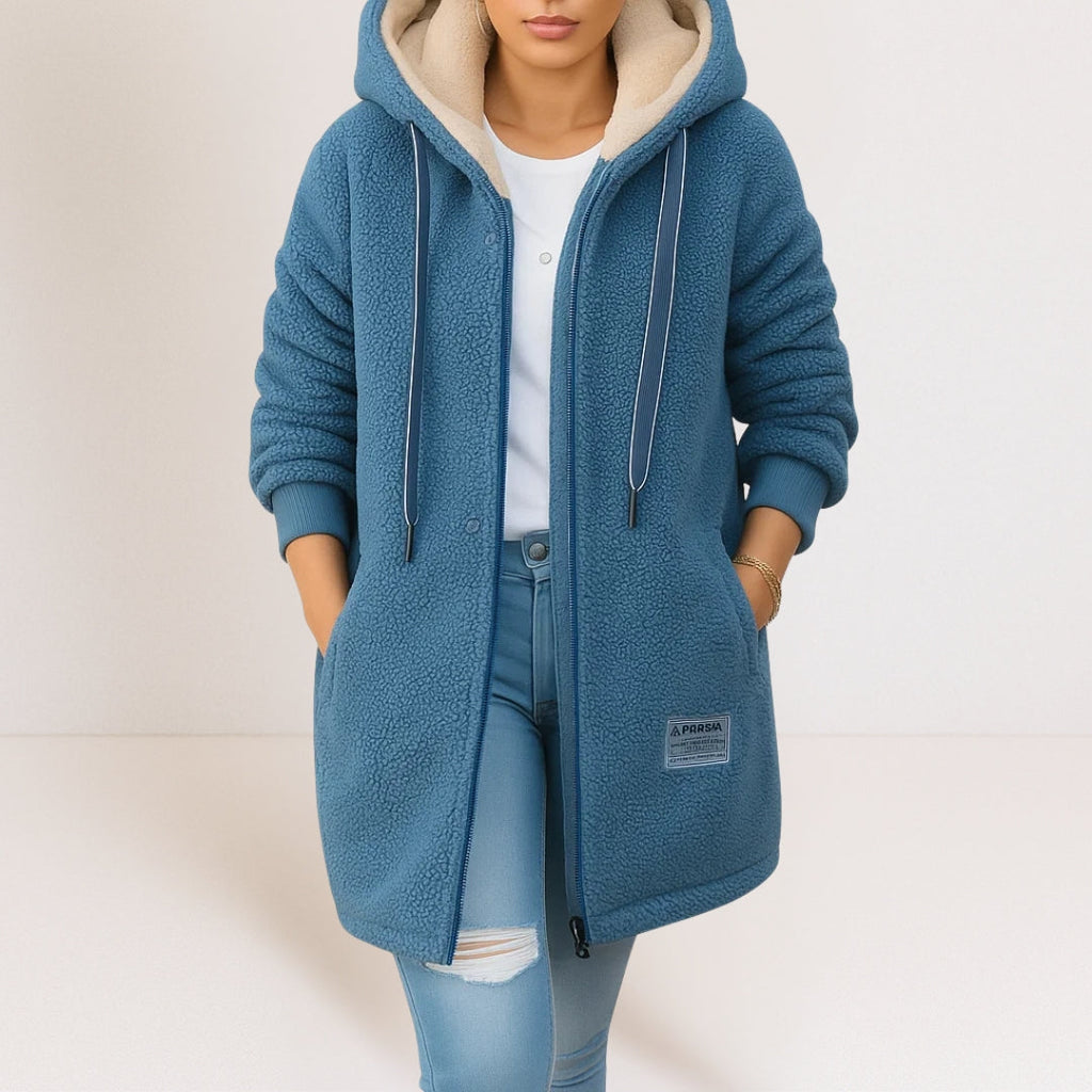 Hooded Fleece Coat Sherpa-Lined Longline Blue Women's – Casual, Winter Warm Outerwear