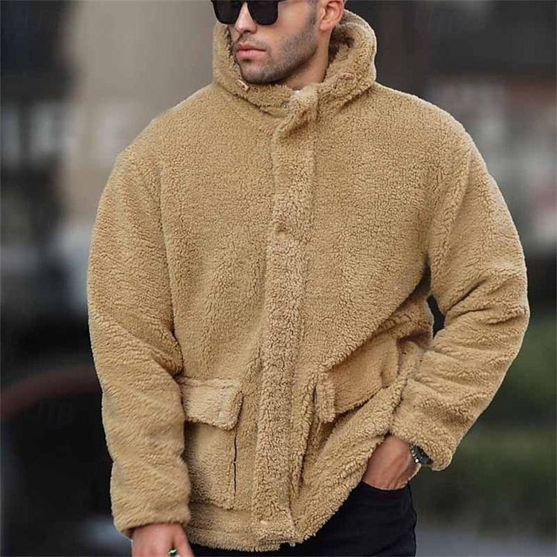 Hooded Fleece Jacket Beige Sherpa Men's – Casual, Winter Warm Outdoor Coat · Werune