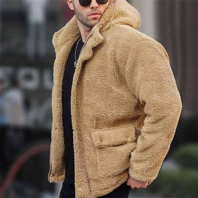 Hooded Fleece Jacket Beige Sherpa Men's – Casual, Winter Warm Outdoor Coat · Werune