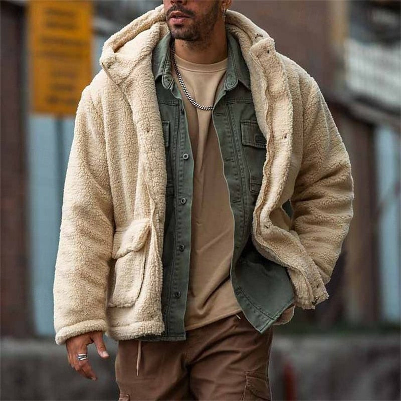 Hooded Fleece Jacket Beige Sherpa Men's – Casual, Winter Warm Outdoor Coat · Werune