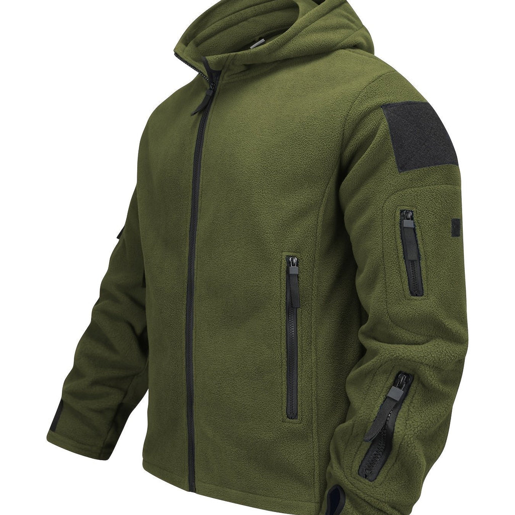 Hooded Fleece Jacket Grey Men's Full-Zip Tactical Pockets – Casual, Outdoor, Everyday