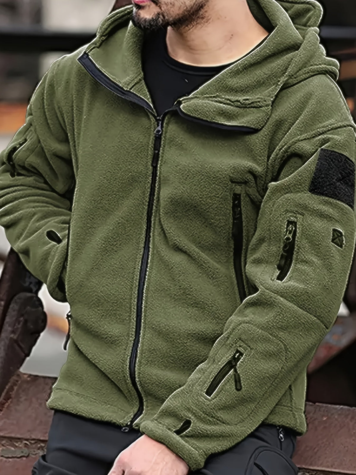 Hooded Fleece Jacket Grey Men's Full-Zip Tactical Pockets – Casual, Outdoor, Everyday